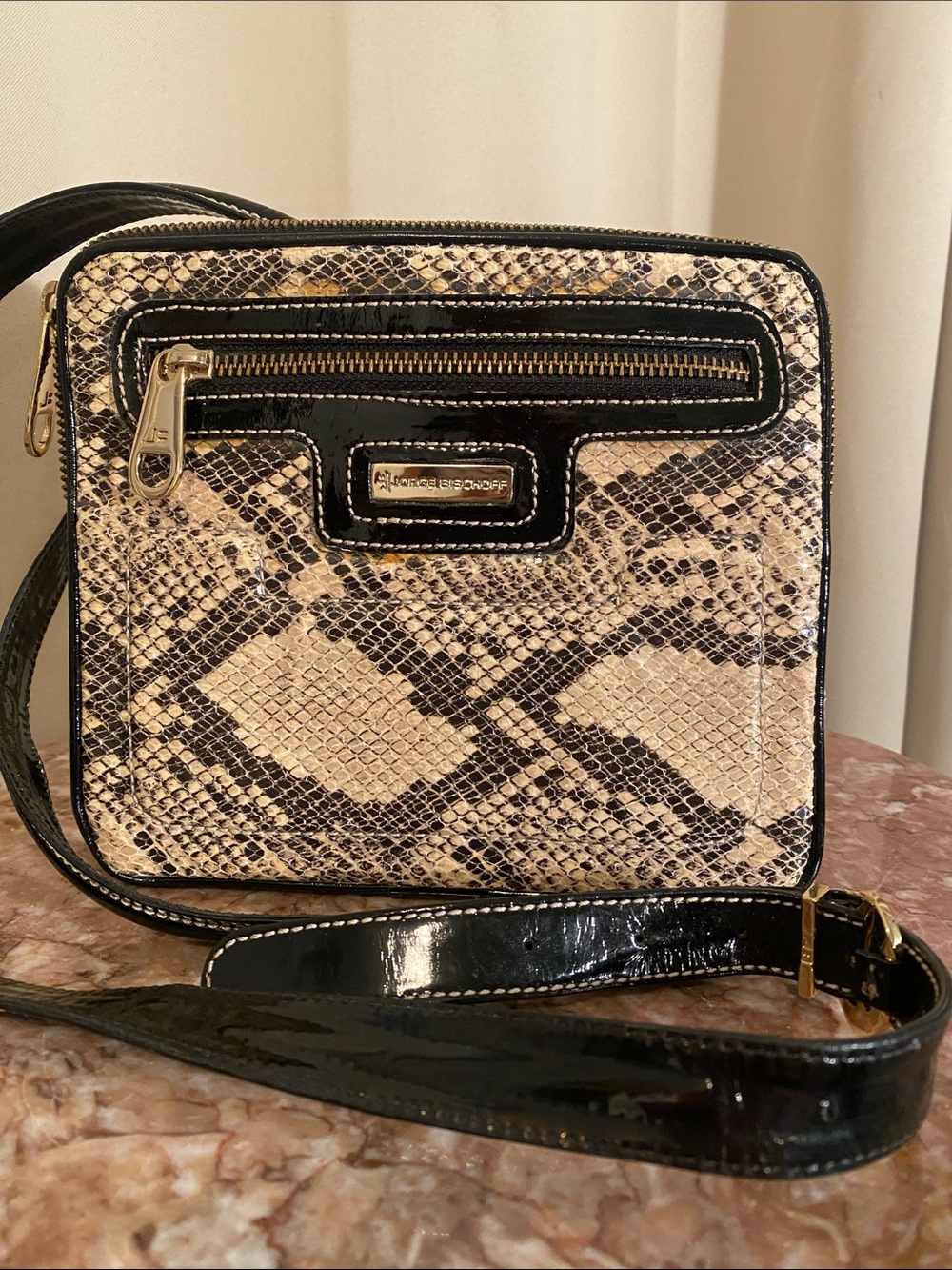 Jorge Bischoff Beige Black Snake-Print Patent Crossbody Bag